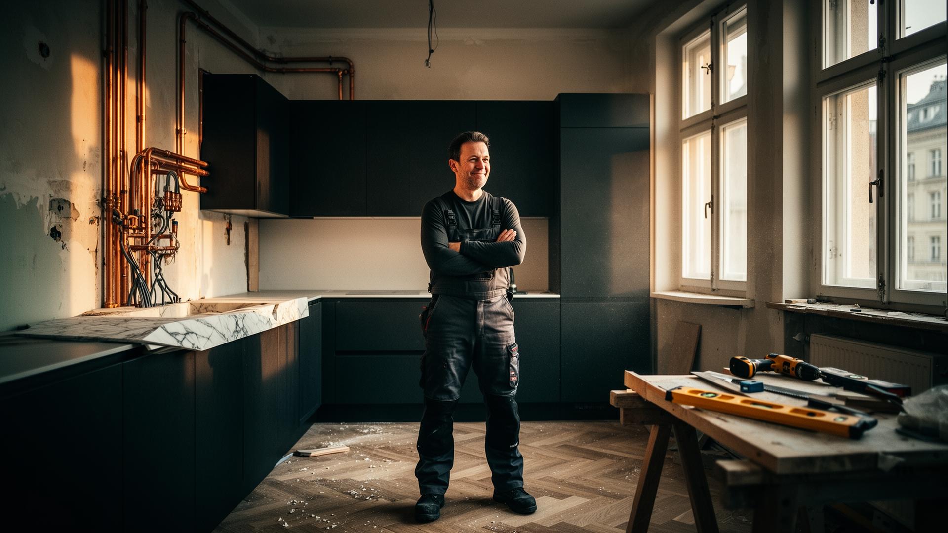 Handwerker in einer halbfertig renovierten Berliner Altbau-Küche